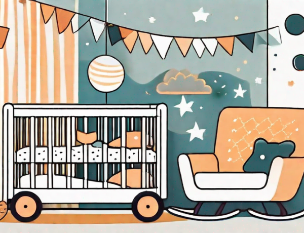 A beautifully decorated baby room with colorful wallpaper