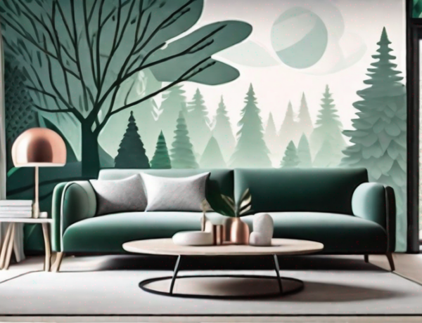 A cozy living room with vibrant wallpaper mural featuring a lush forest