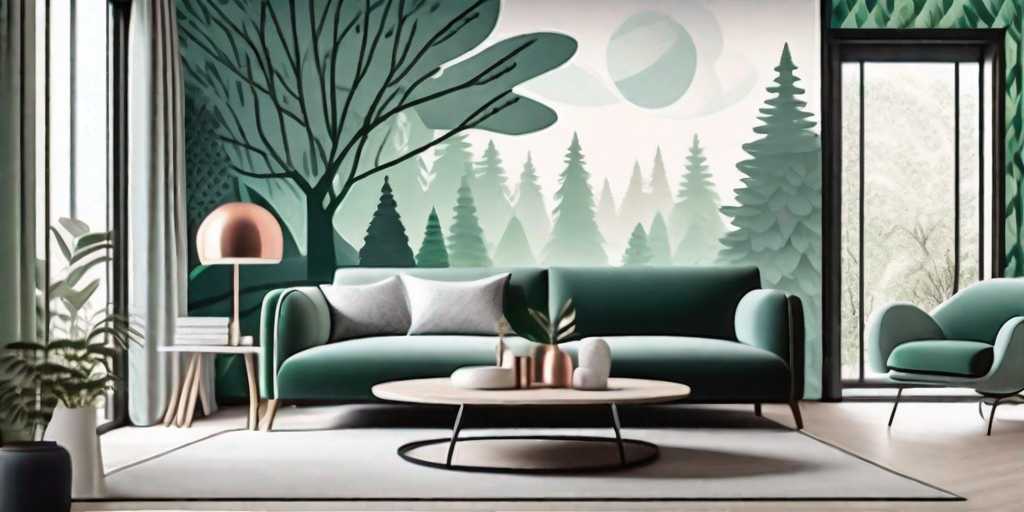 A cozy living room with vibrant wallpaper mural featuring a lush forest