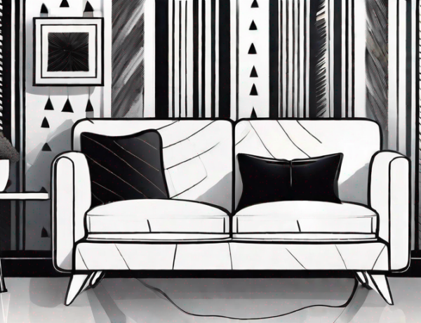 A stylish living room with black and white wallpaper