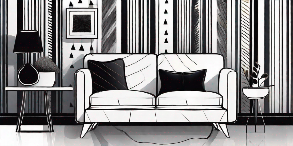 A stylish living room with black and white wallpaper