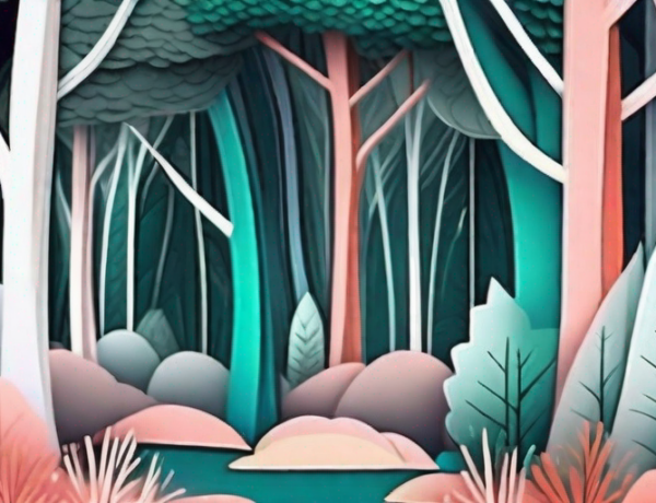 A room with a vibrant 3d wallpaper depicting a magical forest scene