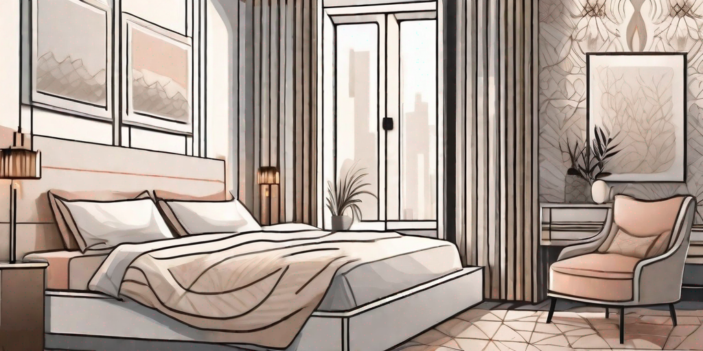 A well-decorated matrimonial bedroom featuring walls covered in elegant wallpaper