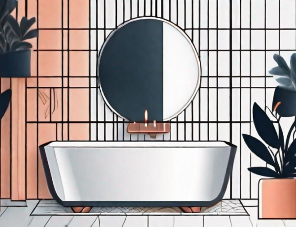 A stylishly decorated bathroom featuring walls covered in vibrant