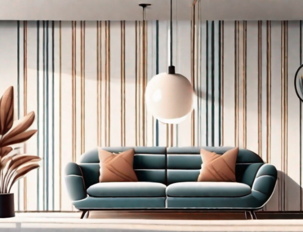 A well-decorated room featuring walls covered in striped wallpaper