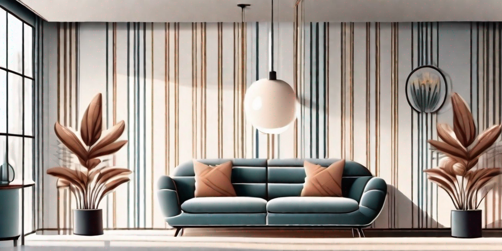 A well-decorated room featuring walls covered in striped wallpaper