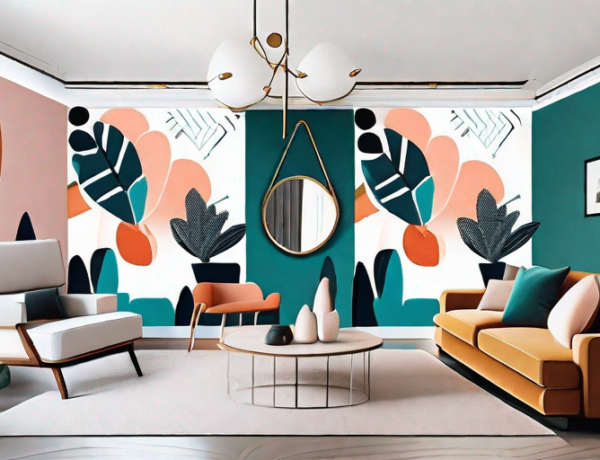 A stylish living room with a variety of vibrant wallpaper murals on each wall