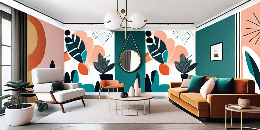 A stylish living room with a variety of vibrant wallpaper murals on each wall
