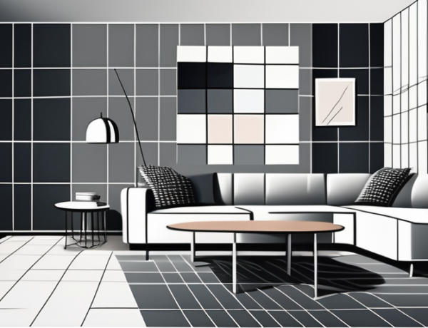 A modern room with walls covered in a variety of trendy checkered wallpaper designs