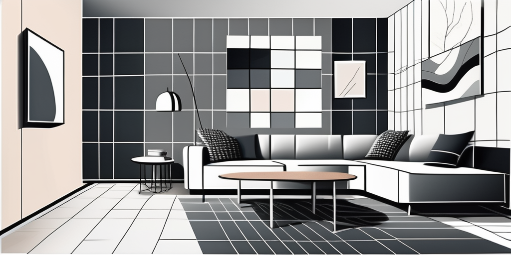 A modern room with walls covered in a variety of trendy checkered wallpaper designs
