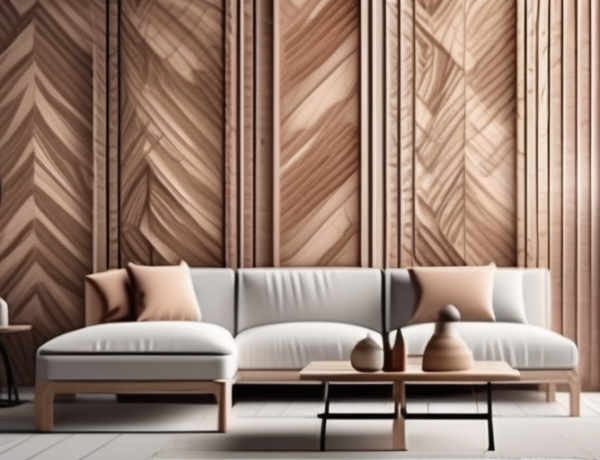 A room with walls adorned with wood imitation wallpaper