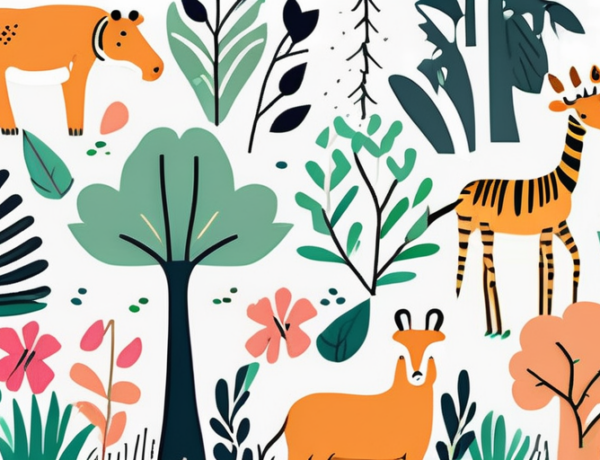 A playful and vibrant jungle-themed wallpaper design with various elements like trees