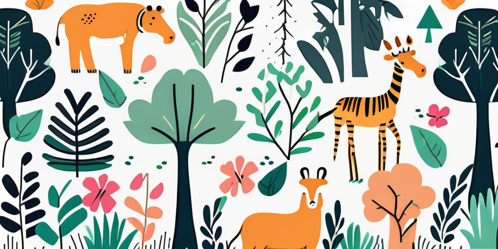 A playful and vibrant jungle-themed wallpaper design with various elements like trees