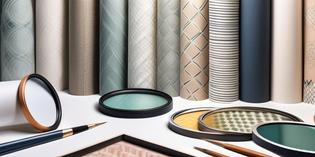 Various types of wallpaper samples with different patterns and colors
