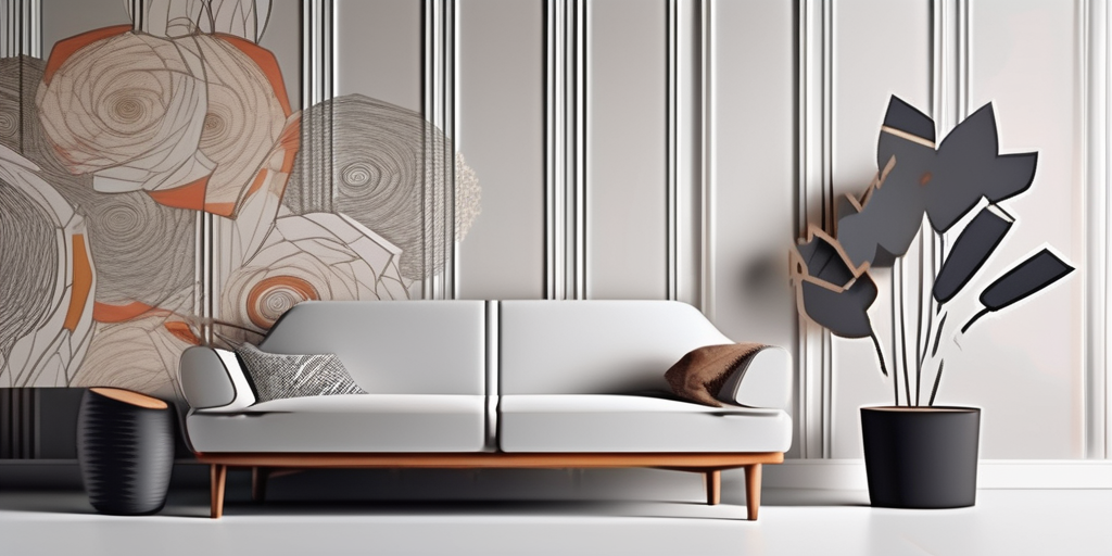 A living room with walls partially covered in wallpaper