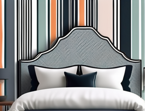 A bedroom scene focusing on a bed with a stylish and unique wallpapered headboard