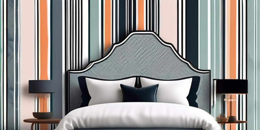 A bedroom scene focusing on a bed with a stylish and unique wallpapered headboard