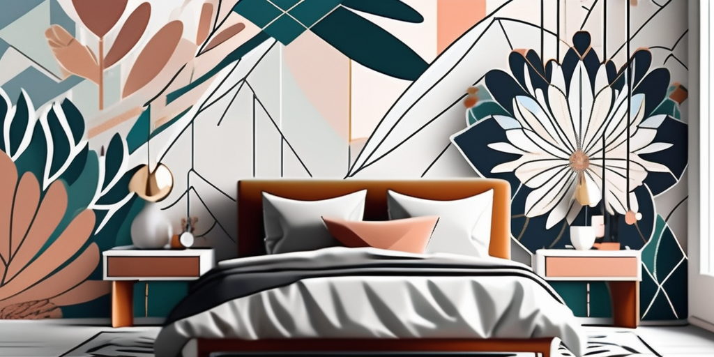 A stylish bedroom decorated with various types of wallpaper designs