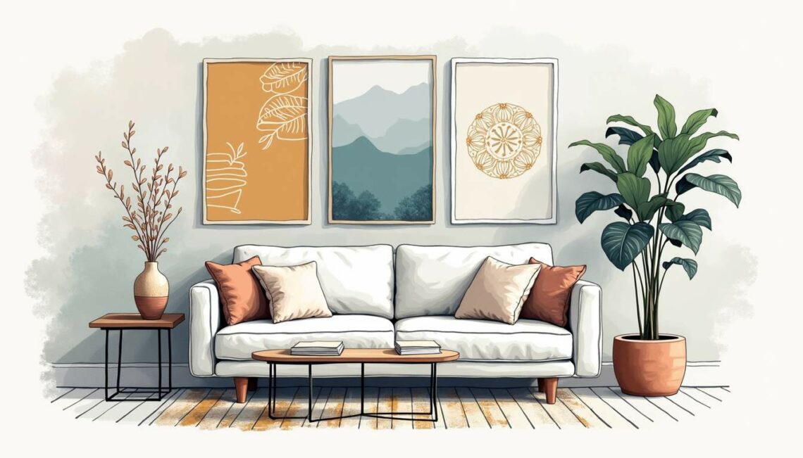 Draw an illustration of a stylish living room featuring various examples of wallpaper designs on one accent wall