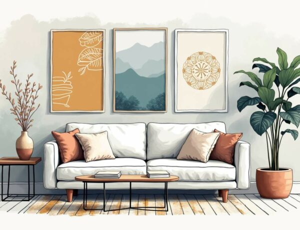 Draw an illustration of a stylish living room featuring various examples of wallpaper designs on one accent wall