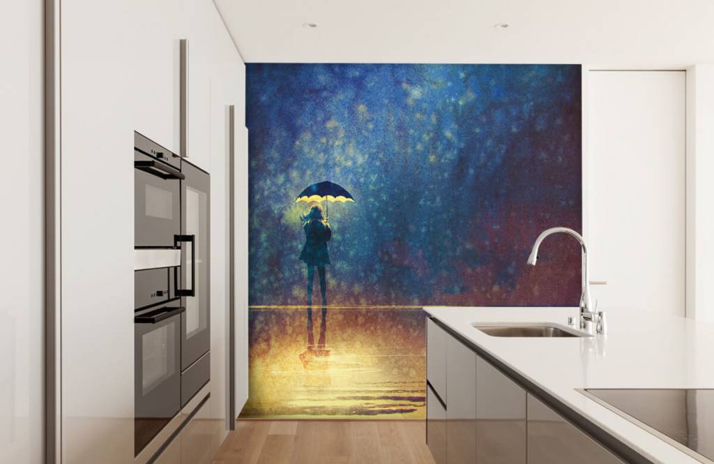 Moderno - Papel pintado con Chica solitaria bajo la lluvia - Sala de ocio 4