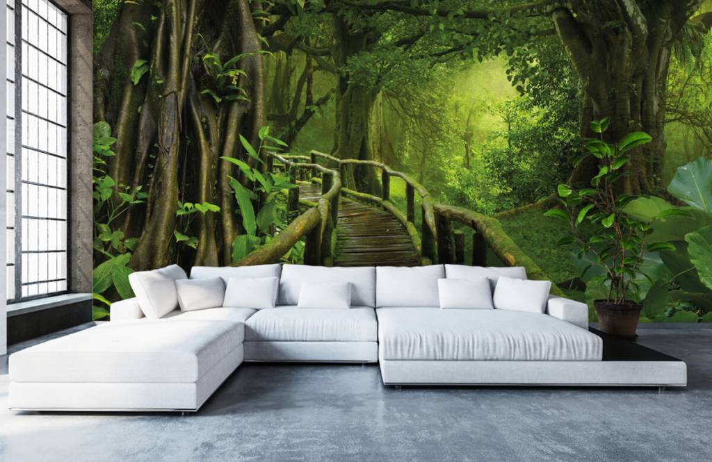 Árboles - Papel pintado con Puente de madera a través de una selva verde - Habitación 1
