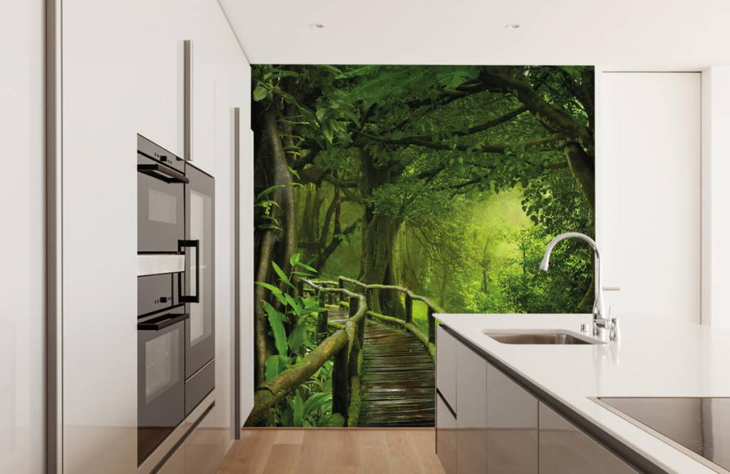 Árboles - Papel pintado con Puente de madera a través de una selva verde - Habitación 4