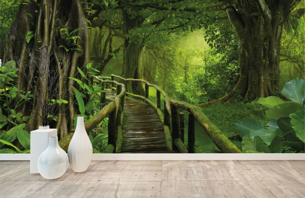 Árboles - Papel pintado con Puente de madera a través de una selva verde - Habitación 8