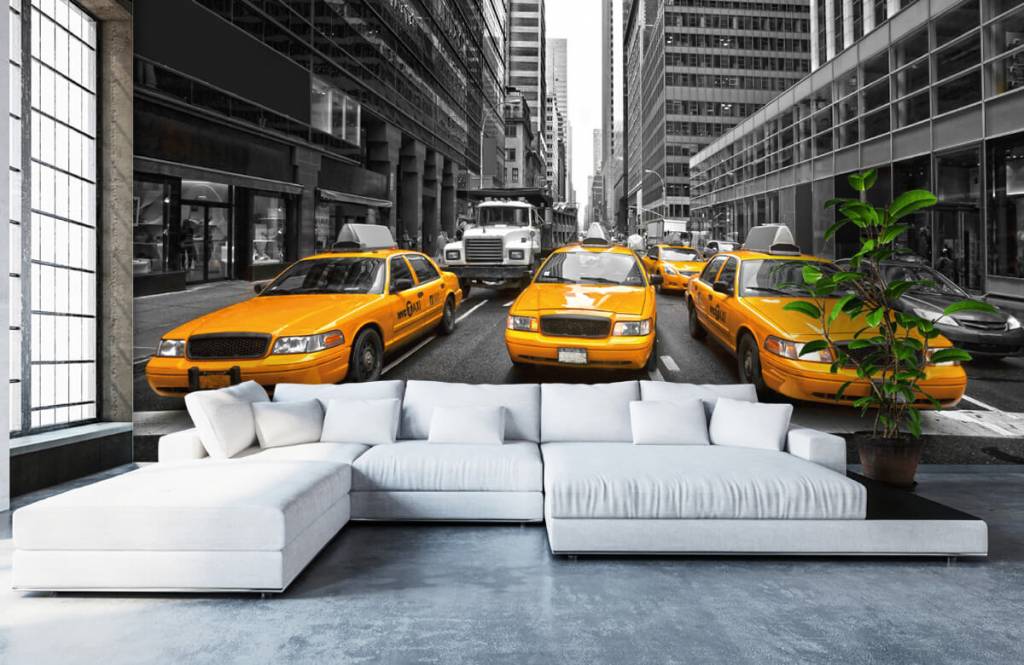 Blanco y negro - Papel pintado con Taxis amarillos en Nueva York - Habitación de adolescentes 1