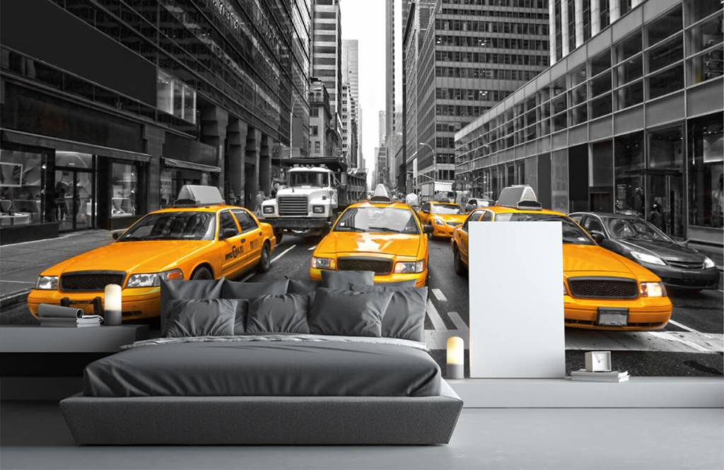 Blanco y negro - Papel pintado con Taxis amarillos en Nueva York - Habitación de adolescentes 3
