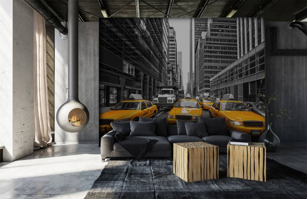 Blanco y negro - Papel pintado con Taxis amarillos en Nueva York - Habitación de adolescentes 6