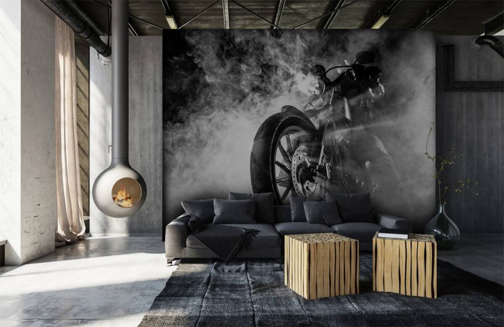 Blanco y negro - Papel pintado con Motocicleta con humo - Habitación de adolescentes 1