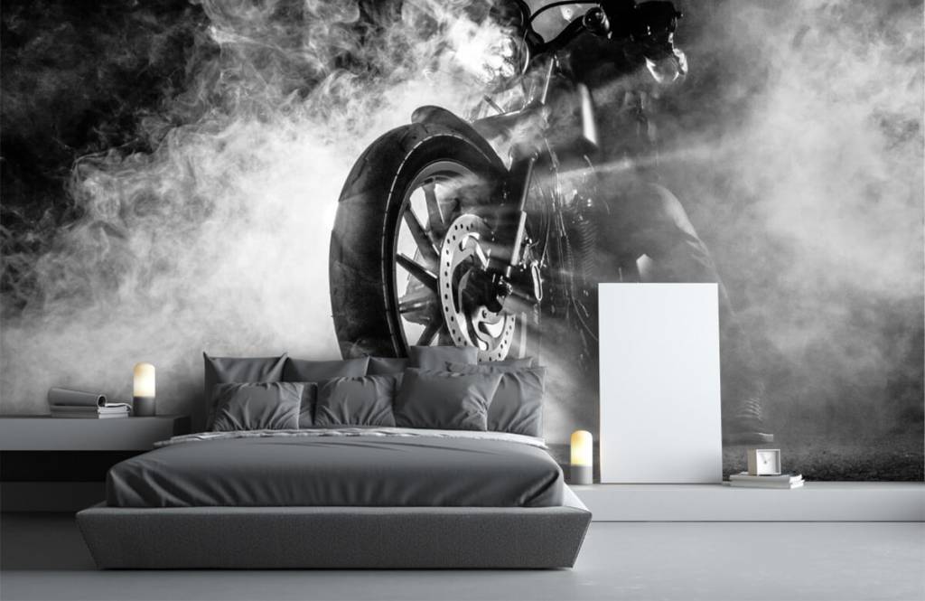 Blanco y negro - Papel pintado con Motocicleta con humo - Habitación de adolescentes 2