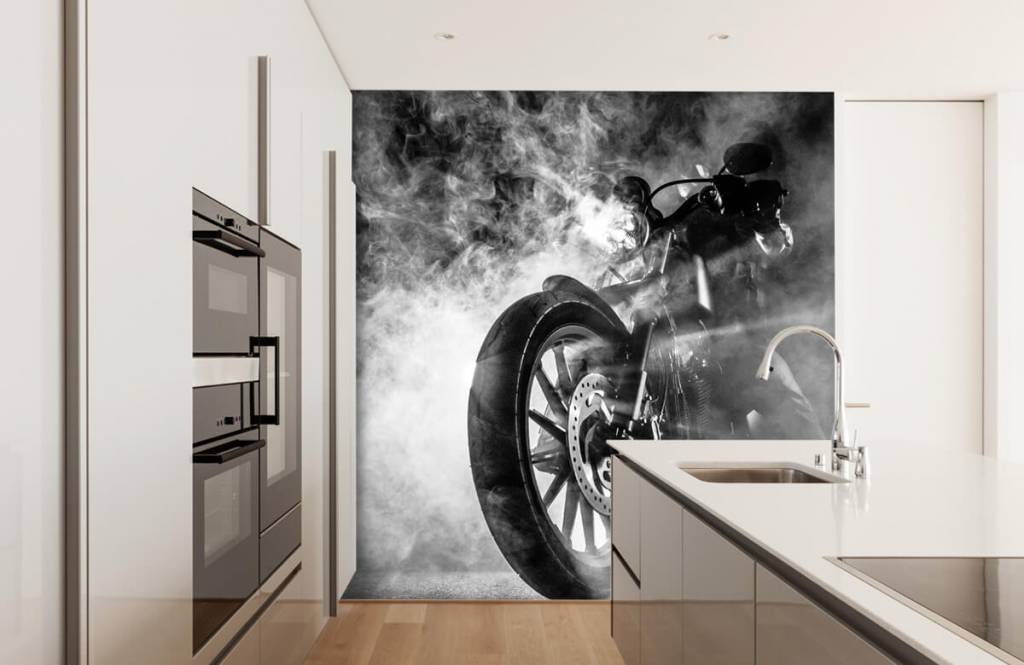 Blanco y negro - Papel pintado con Motocicleta con humo - Habitación de adolescentes 4