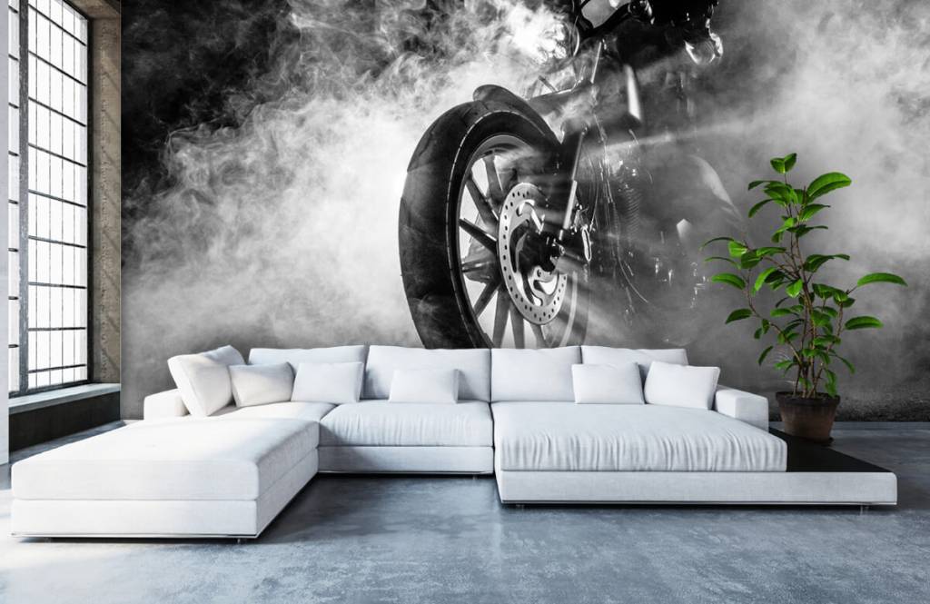 Blanco y negro - Papel pintado con Motocicleta con humo - Habitación de adolescentes 6