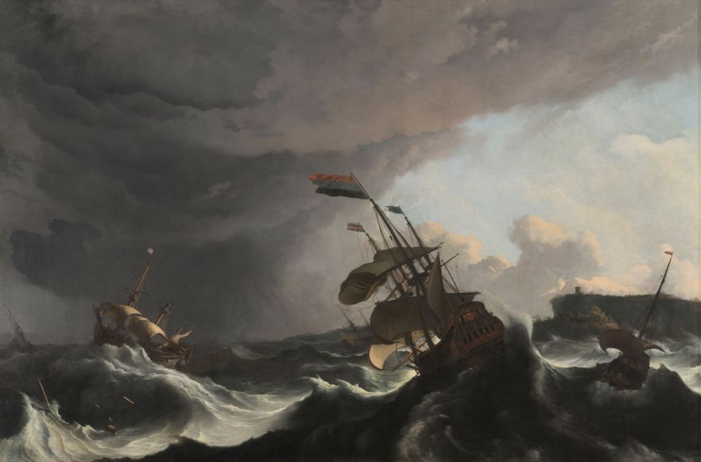 Barcos de guerra durante una tormenta