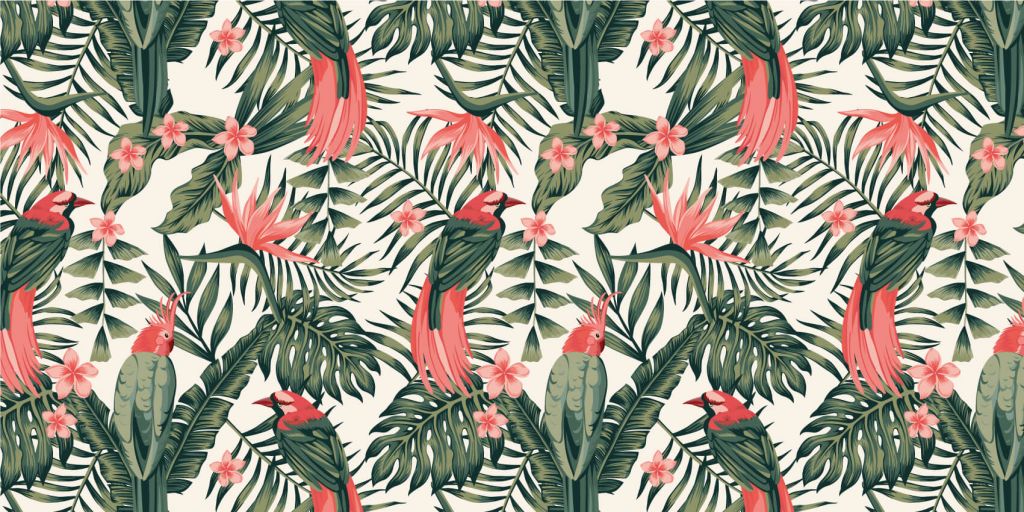 Plantas, flores y pájaros tropicales