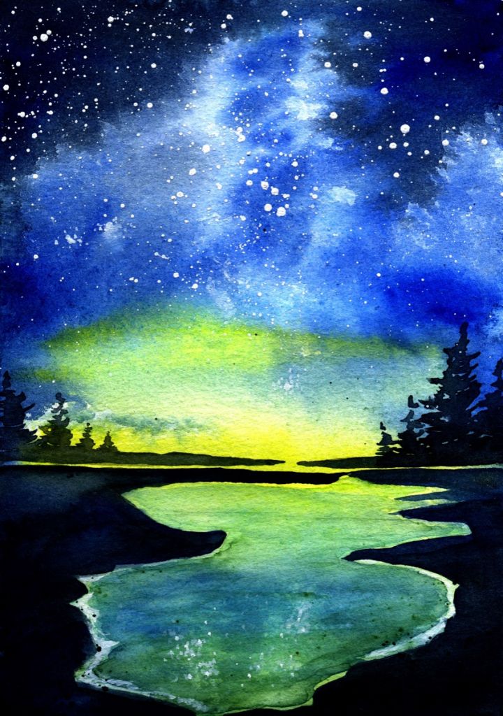 Acuarela de auroras boreales sobre el lago
