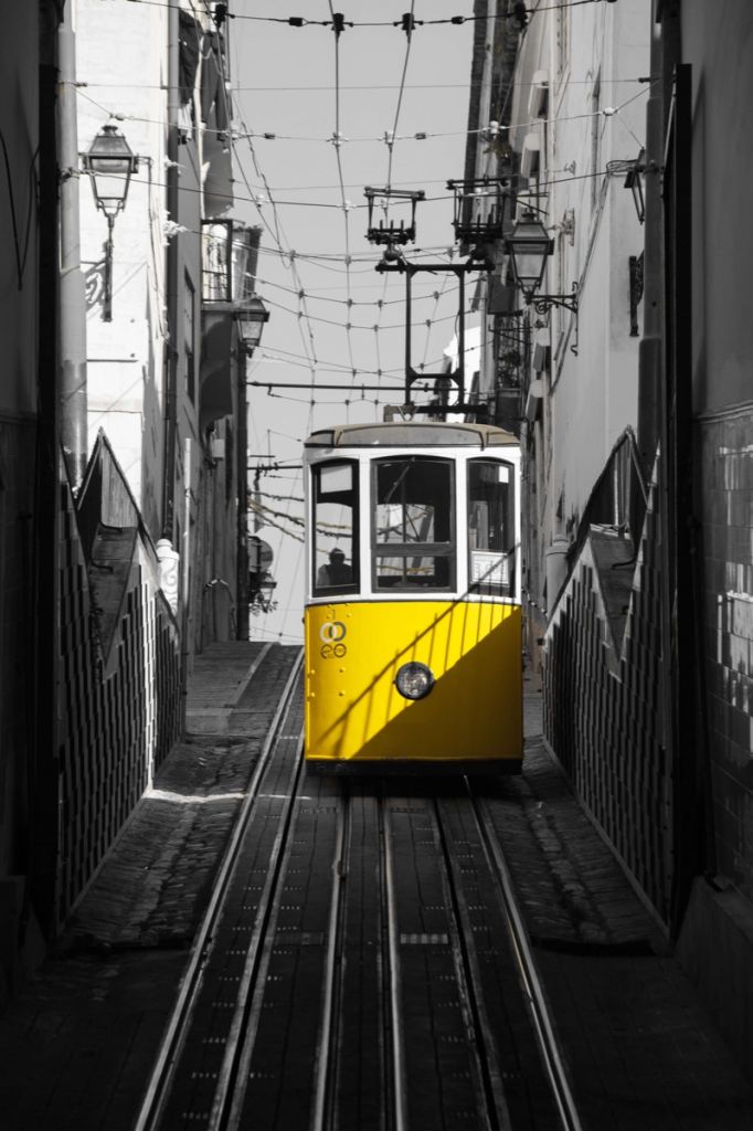 Tranvía negro y blanco amarillo
