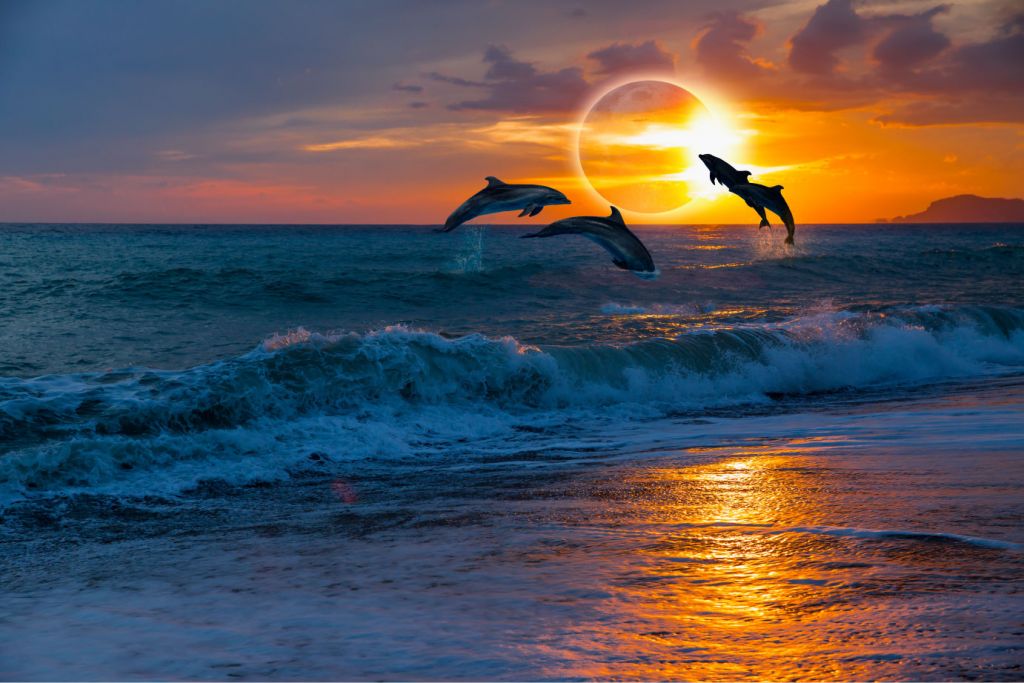 Delfines con la puesta de sol