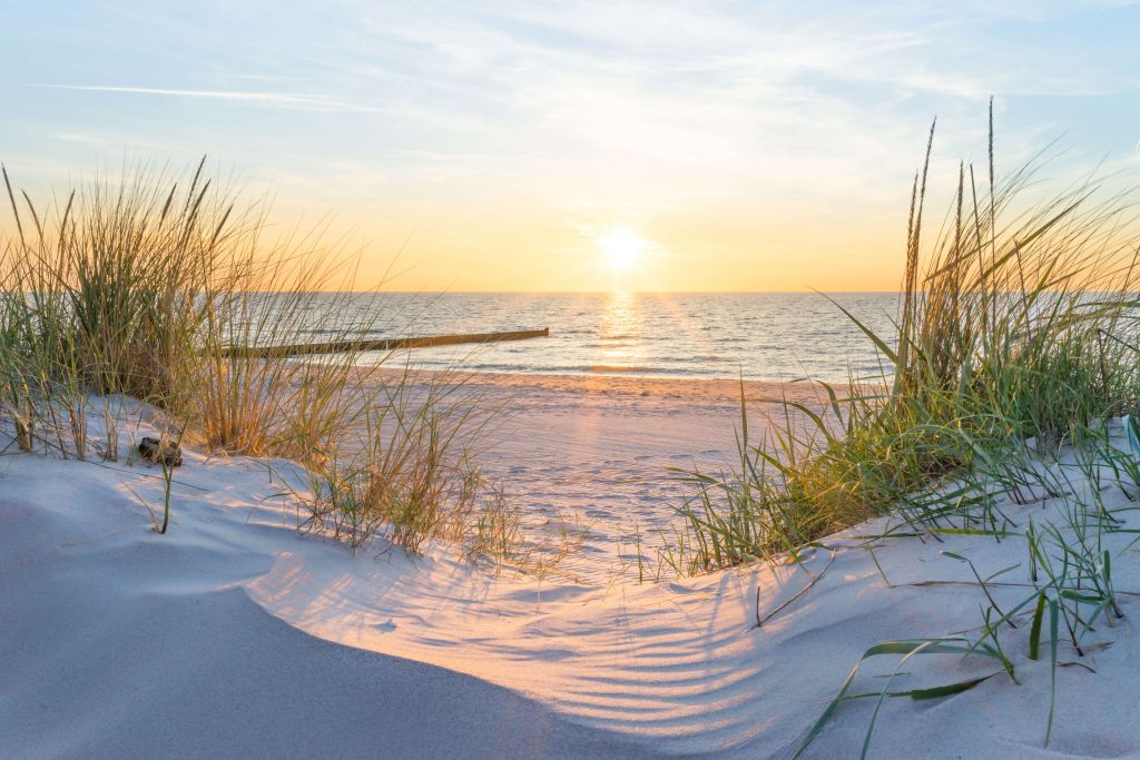 Playa de dunas con puesta de sol