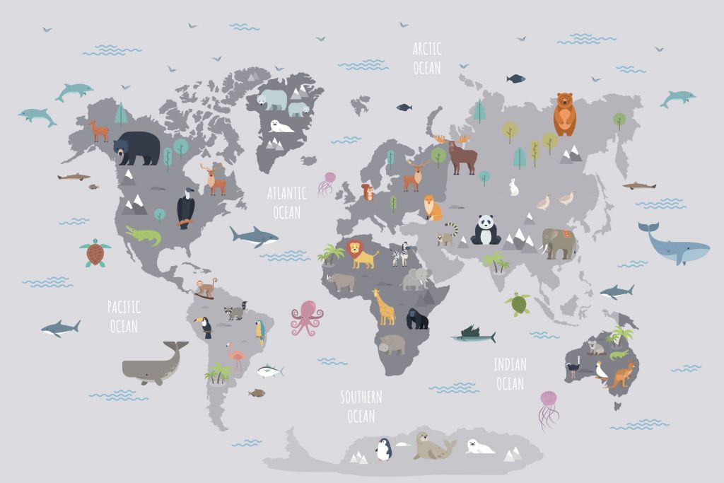 Mapa del mundo con animales salvajes