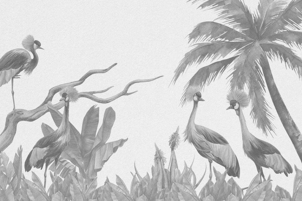 Selva con grullas en tonos grises