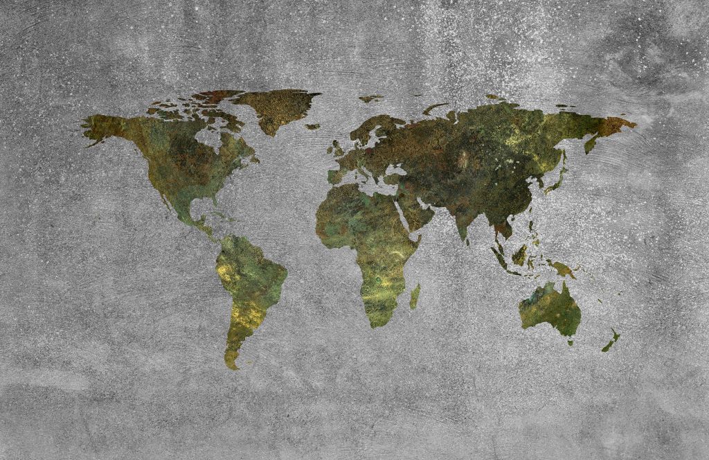 Mapa del mundo con estructura verde sobre hormigón gris