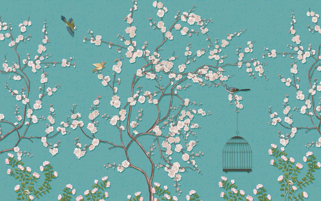 Árbol en flor dibujado con pájaros
