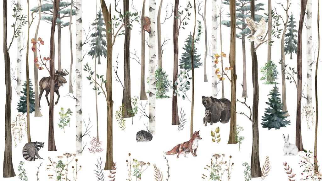 Bosque dibujado con animales de otoño