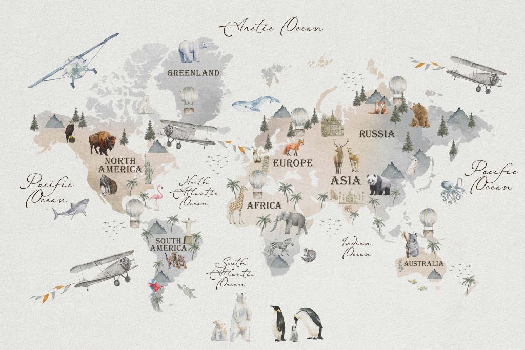 Mapa del mundo con diferentes animales