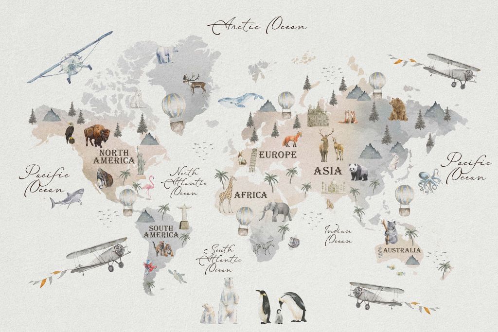 Mapa del mundo con diferentes animales