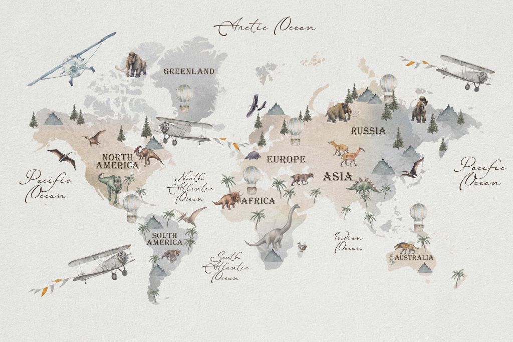 Mapa del mundo con dinosaurios