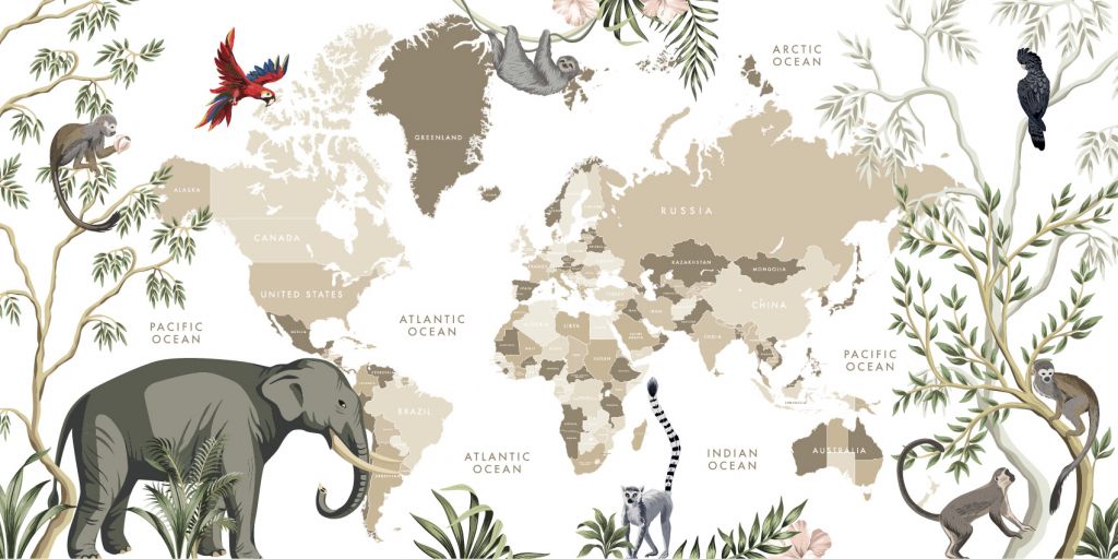 Mapa del mundo con animales de la selva